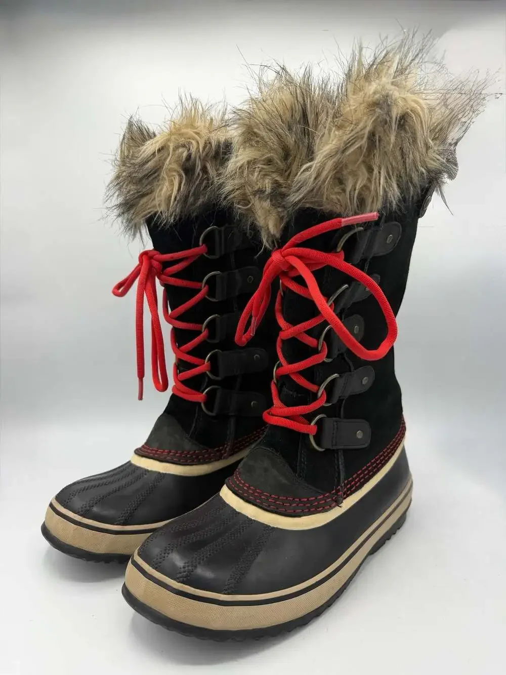 Sorel Womens Joan of Arctic Winter Boots Black Red Faux Fur Waterproof 7.5